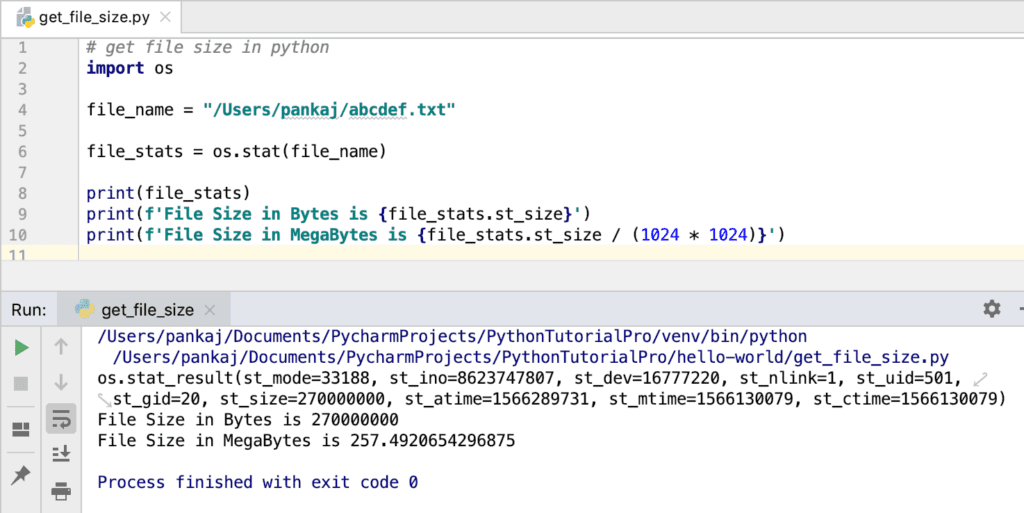 Рабочее окно редактора кода с результатом работы функции stat: выводится размер файла в байтах и мегабайтах