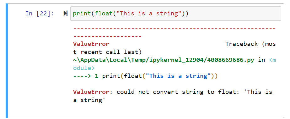Текст ошибки ValueError при передаче функции float() строки "This is a string".