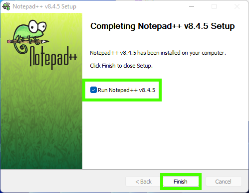Окно установщика Notepad++ с окончанием установки и кнопкой Finish