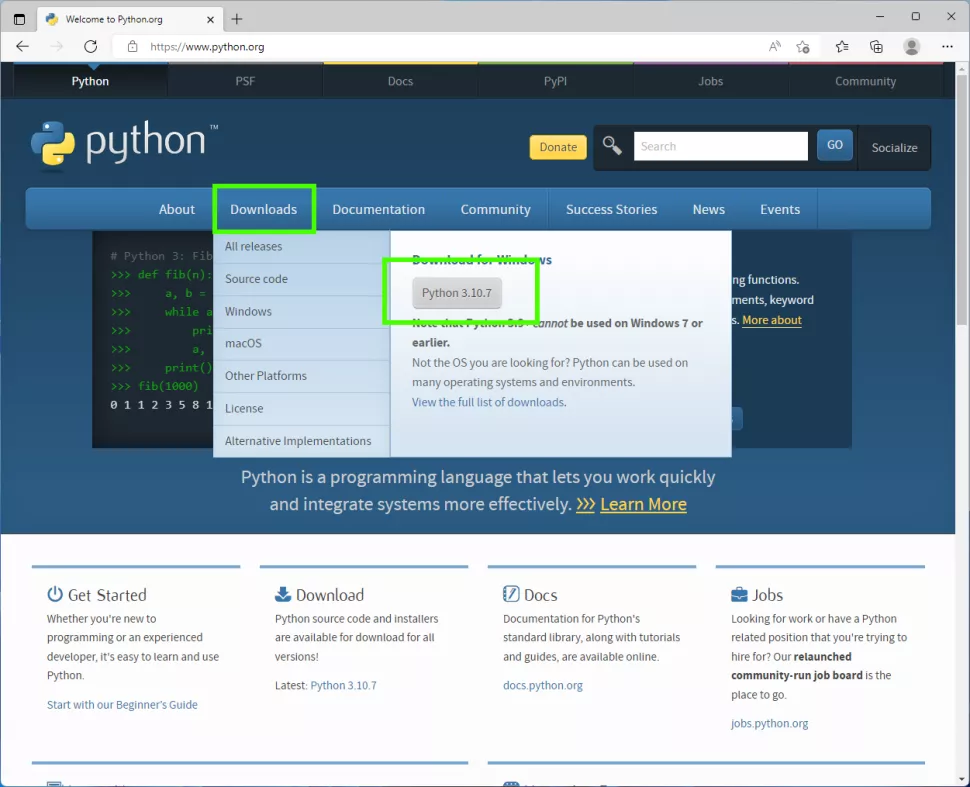 Интерфейс страницы python.org для загрузки Python