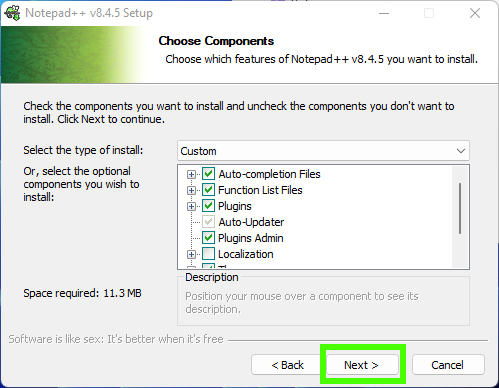 Окно выбора компонентов Notepad++. Многие уже отмечены галочками
